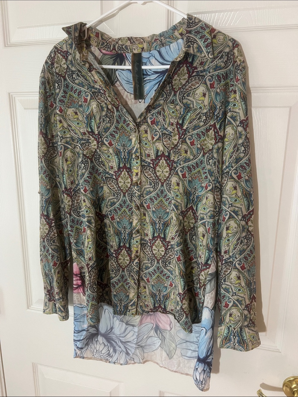Aratta Silent Journey Floral Button Down Long Sleeve Shirt, Sz Small